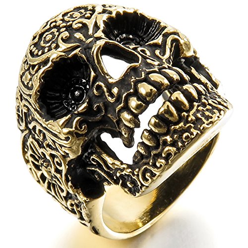 Anello Uomo A Teschio In Acciaio Inox - Stile Biker Gotico Punk - Colore Argento E Oro (disponibile Varie Misure UK)