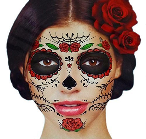 Tatuaggio con Teschio di Zucchero e rose rosse per il viso