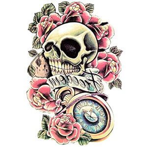 Tatto teschio orologio e rose colorate